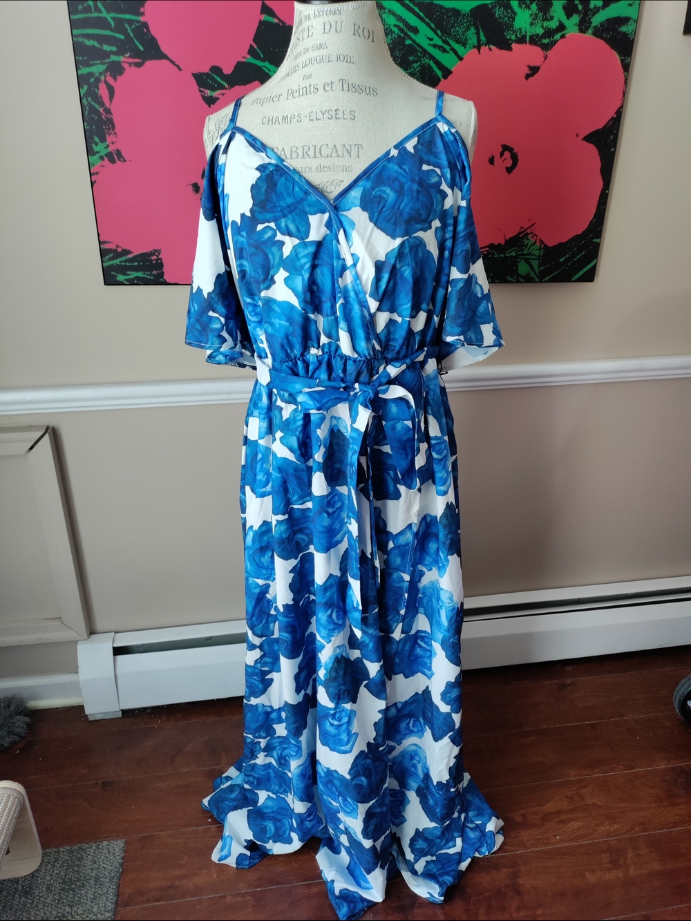 Women's Plus Size Blue Floral Cold-Shoulder Maxi Dress Size 18